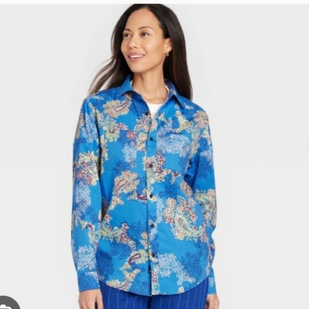 Houston White Long Sleeve Button Down Floral Blouse - L